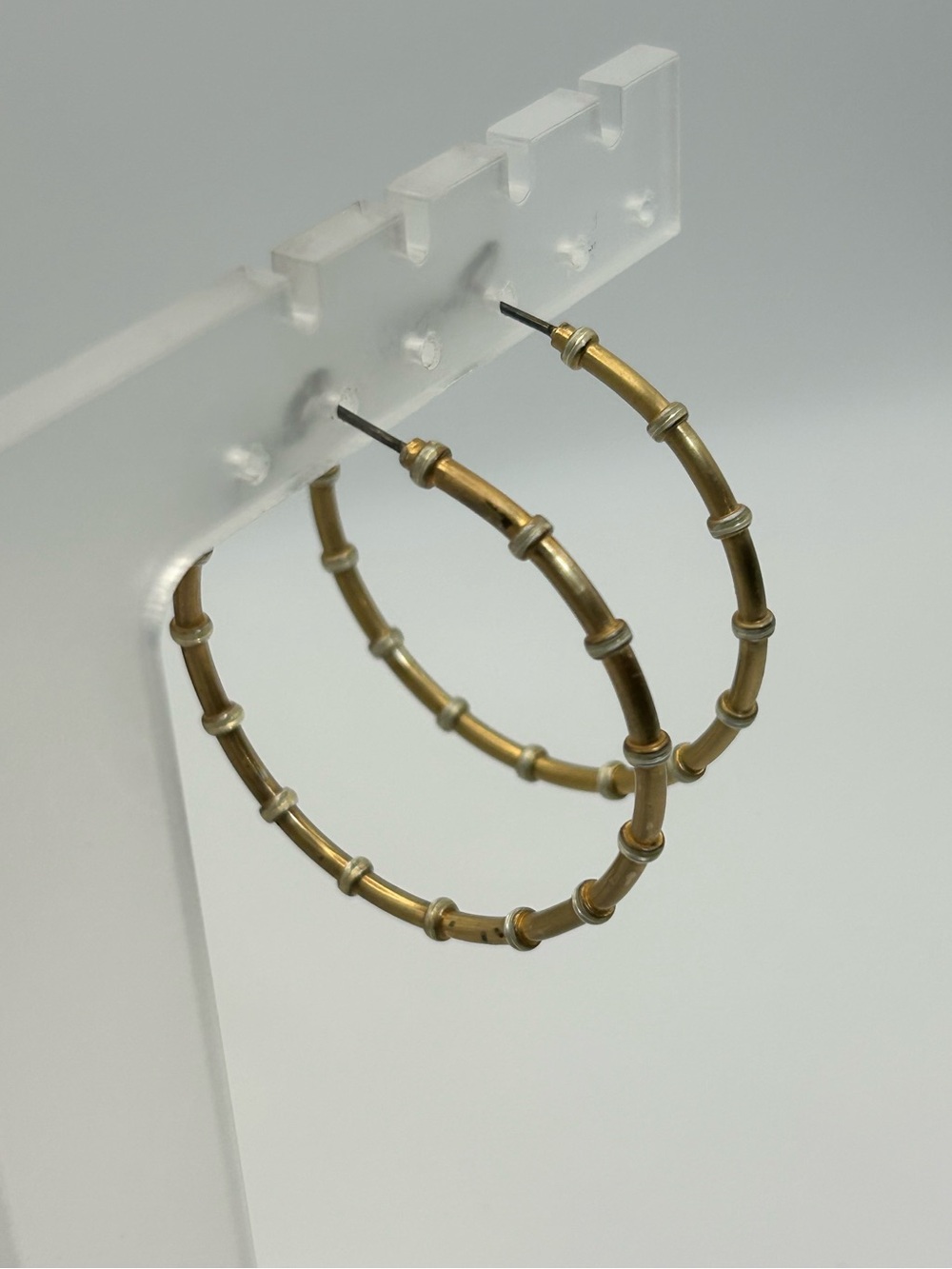 Gold-Tone Bamboo-Style Hoop Earrings Vintage Metal Unsigned 1.75"